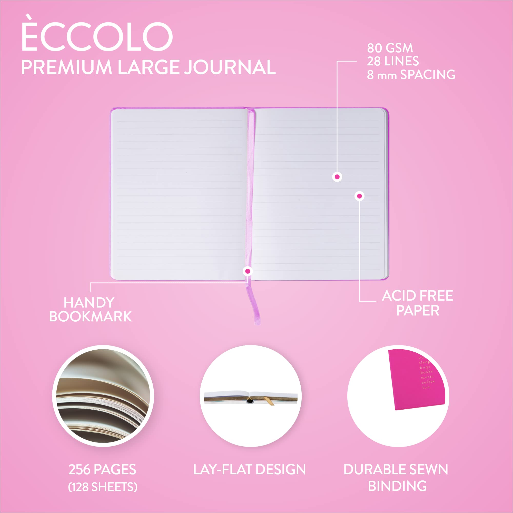 Eccolo Large Lined Journal Notebook - 8x10 Inch Hardbound Writing Notebook with 256 Ruled Pages, Ribbon Bookmark & Lay-Flat Design | Perfect for Work, School, Creative Writing & Daily Journaling (Hot Pink)
