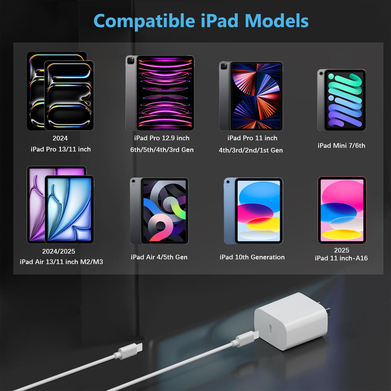 20W USB C Fast Charger 2-Pack with 10FT Long Cable - Compatible with iPad 10th/11th Gen, iPad Pro 12.9/11 inch, iPad Air 13/11 inch, iPad Mini - Perfect for Home, Office & Travel Charging Needs