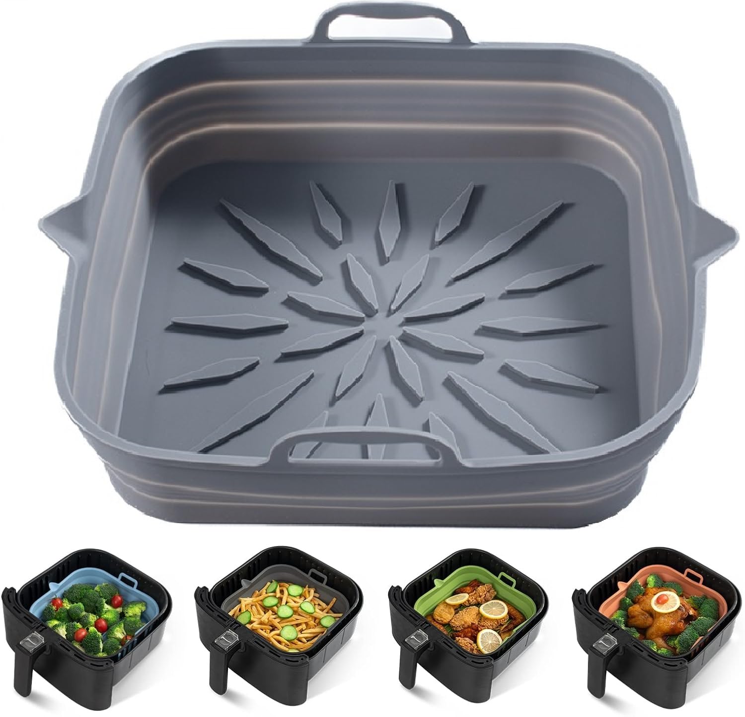 **Reusable Silicone Air Fryer Liners (2-Pack) – 8.5” Square Non-Stick Basket for 4-7 Qt Air Fryers – Heat-Resistant, Easy to Clean – Grey & Black – Perfect for Frying, Baking & Roasting**
