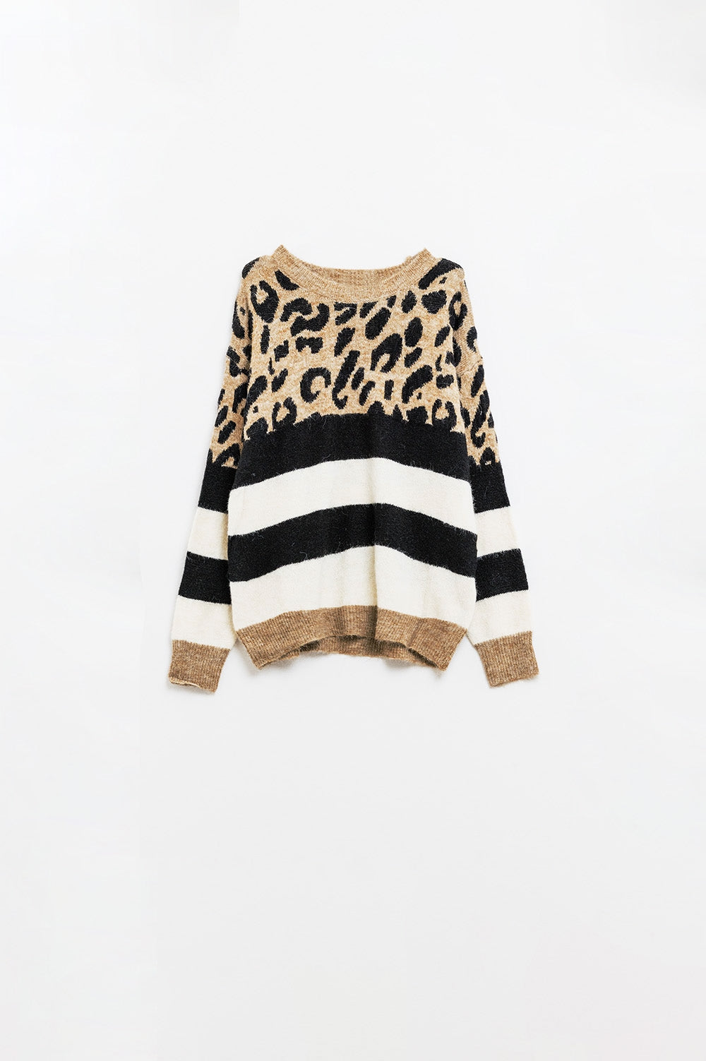 Elegant Pullover Knit Sweater with Black and White Leopard Stripes Print - Perfect for Casual Outings, Office Wear, and Winter Fashion