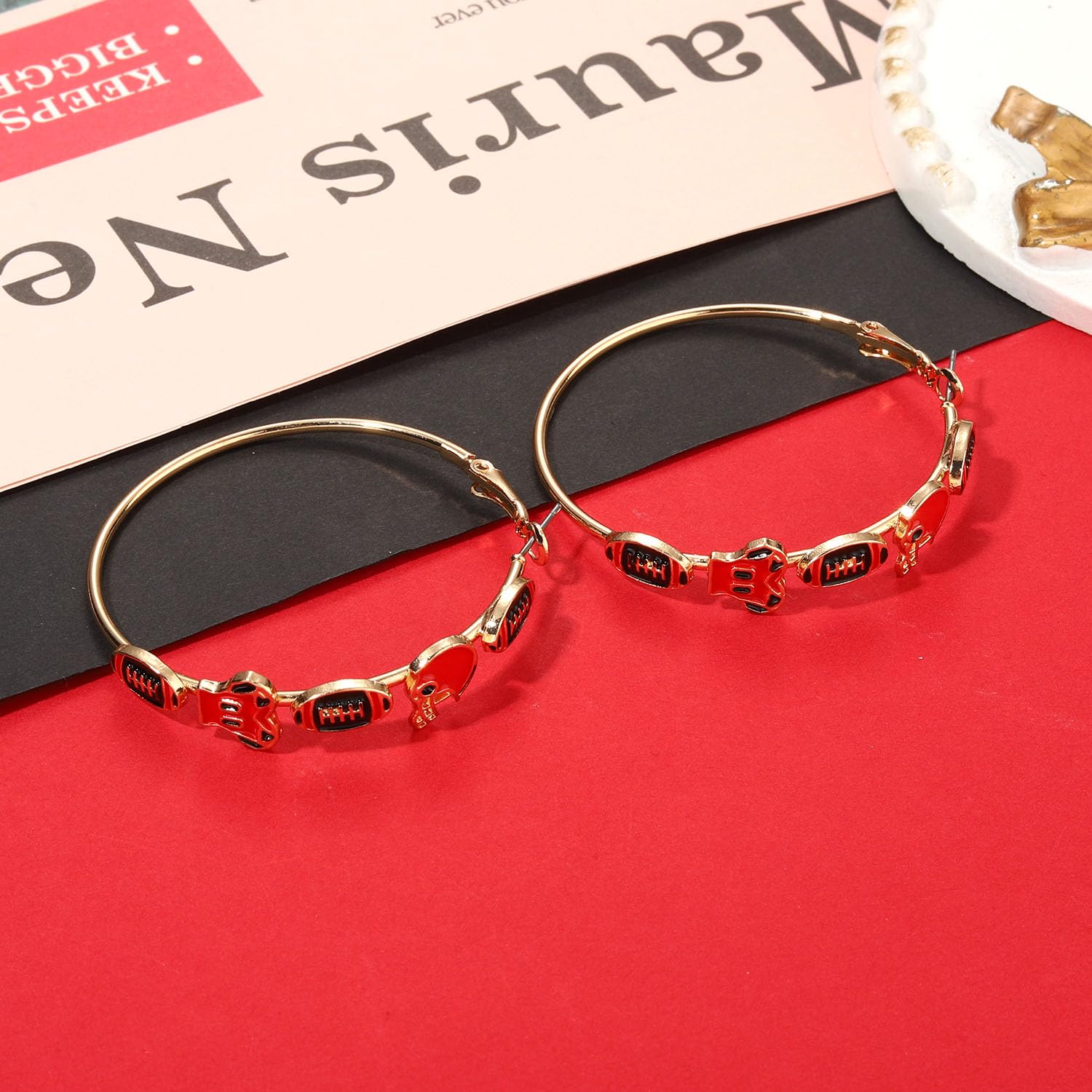 Football Earrings for Women - Red & Black Enamel Hoop Earrings, Football Mom Gifts, Game Day Accessories, Sport Team Outfits - Perfect for Game Day Parties, Football Mom Outfits, and Sport Fan Gifts