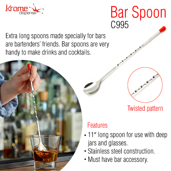 Premium 11-Inch Stainless Steel Bar Spoon - Professional Cocktail Mixing Tool for Bartenders & Home Bars - Perfect for Stirring, Layering & Crafting Cocktails