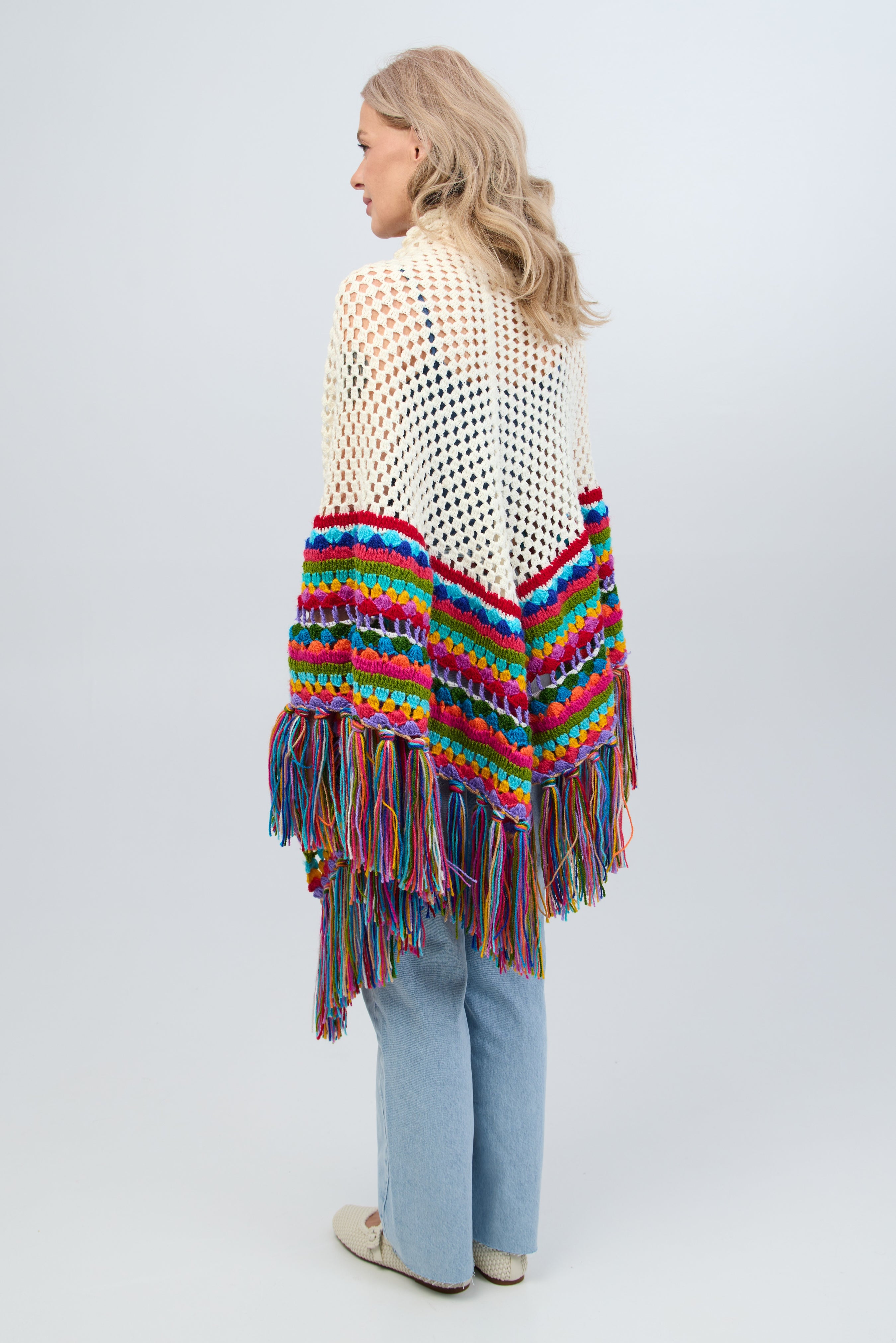 Rainbow Crochet Fringe Wrap Shawl - Colorful Boho Chic Handmade Knit Scarf for Women - Perfect for Music Festivals, Beach Cover-ups & Boho Fashion Accessories