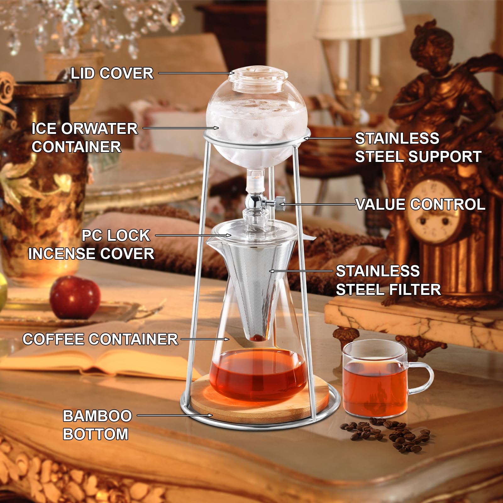 PARACITY Cold Brew Coffee Maker - Stainless Steel & Borosilicate Glass Iced Coffee Maker with Slow Drip Technology, 2-4 Cup Capacity for Home, Office or Outdoor Use - Perfect for Iced Coffee & Tea Lovers