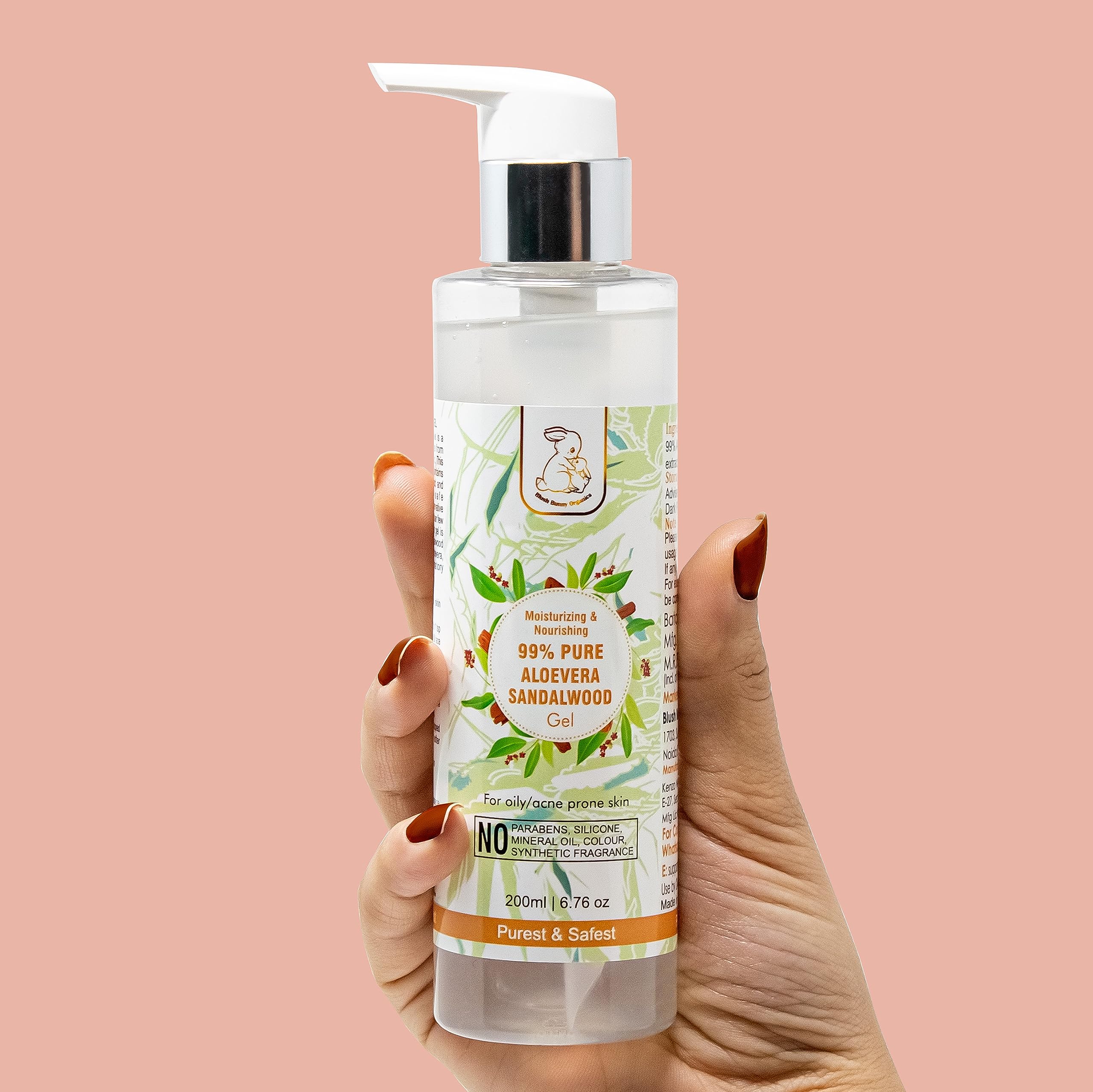 Blush Bunny Organics 99% Pure Aloe Vera & Sandalwood Gel for Oily, Acne-Prone Skin - 200ml (6.76 oz) | Soothing Face Moisturizer for Sensitive Skin, After Sun Care & Daily Hydration