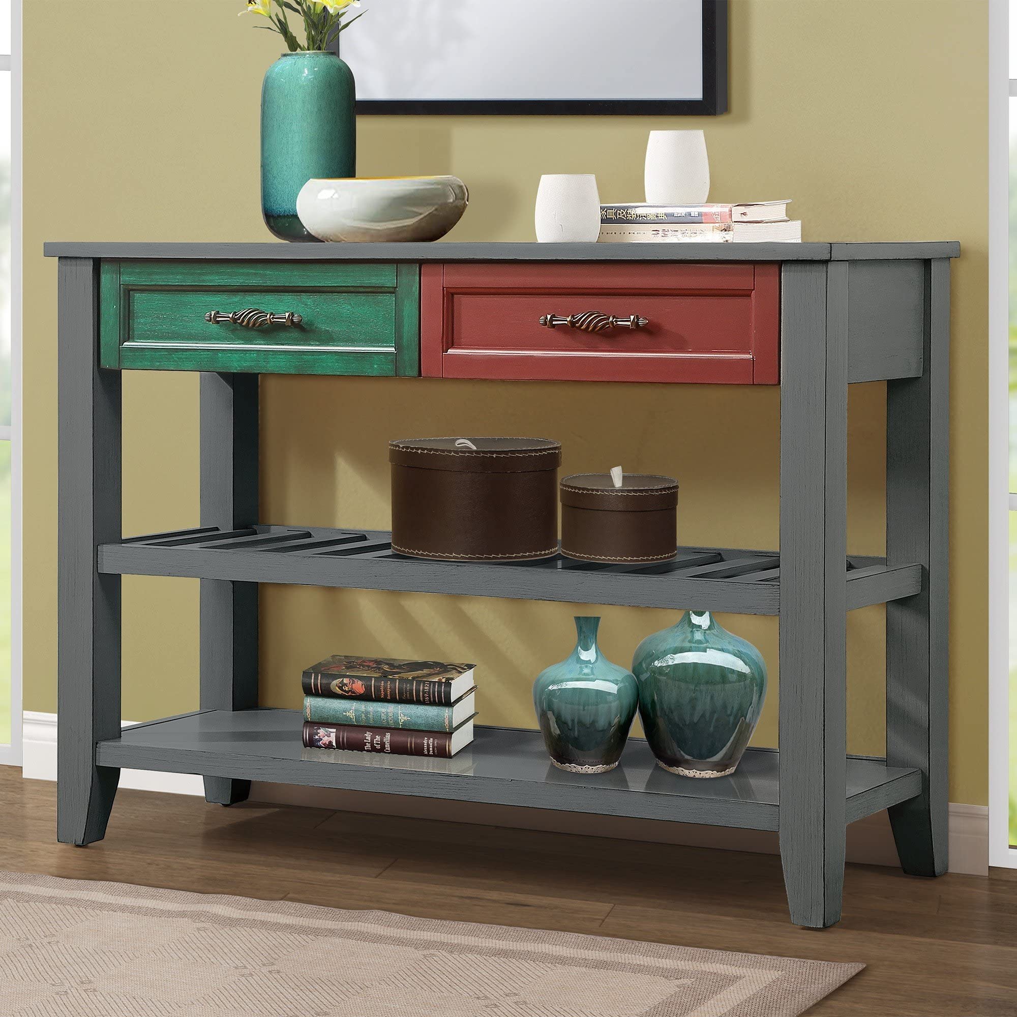 Vintage Retro Sofa Table with 2 Drawers and Shelf - Antique Gray Console Table for Living Room, Entryway, Hallway | Perfect for Small Spaces, Behind Couch, or as Entry Table Decor