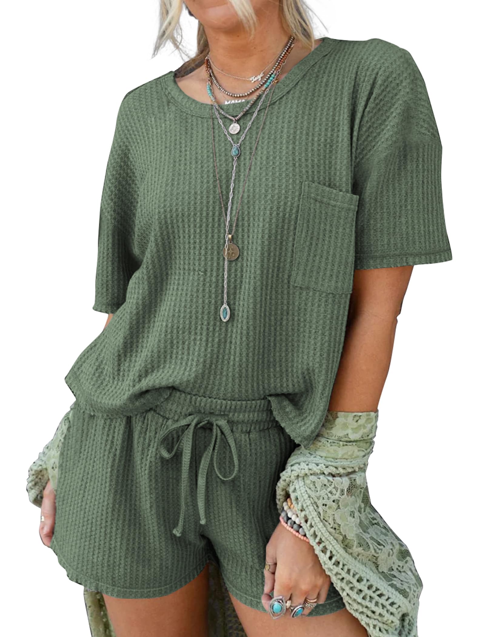 Andeip Women's Waffle Knit Pajama Set - Short Sleeve Top & Shorts 2-Piece Loungewear with Pockets | Soft Sleepwear, Cozy Home Outfit, Casual Lounge Pajamas for Nightwear & Relaxation