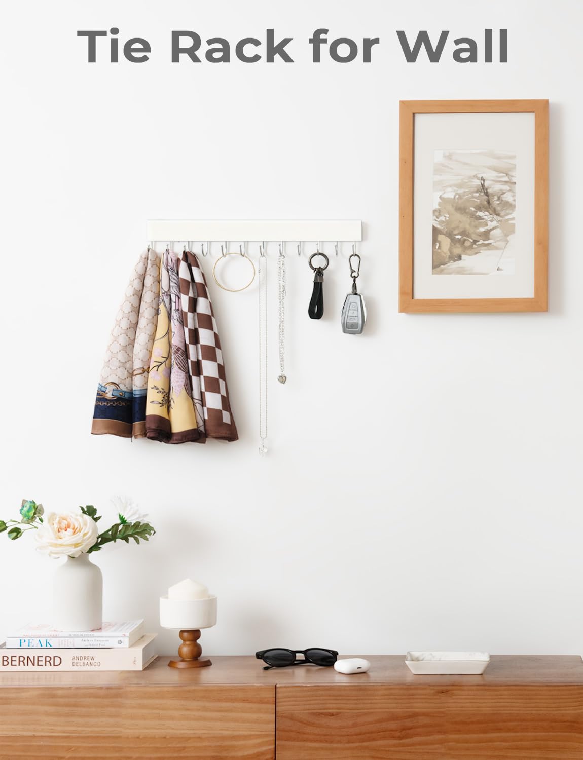 StorageWorks 12-Hook Wall-Mounted Tie Rack - 2 Pack Wooden Hangers for Neckties, Belts & Hats (White) - Perfect for Closet Organization & Accessory Storage