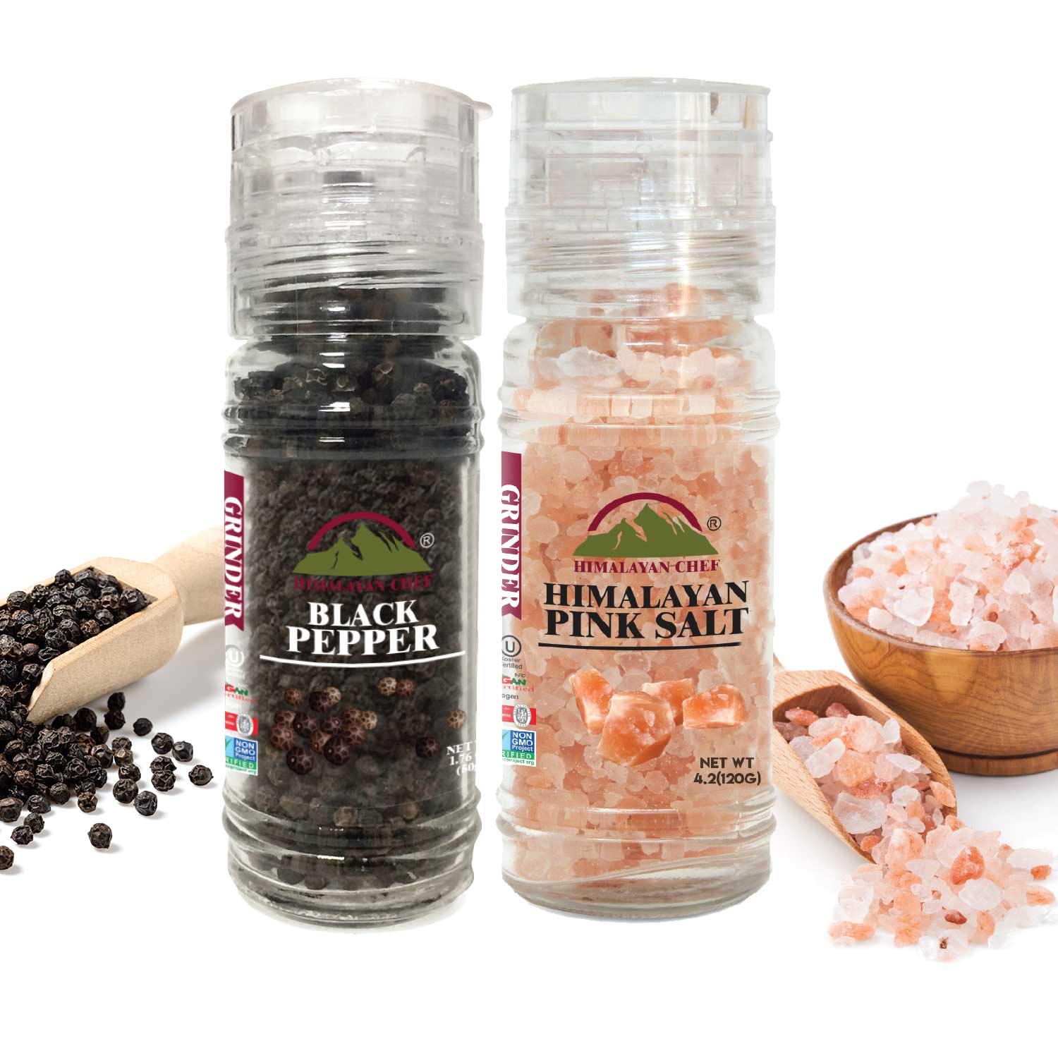 Premium Himalayan Pink Salt & Black Pepper Grinder Set - Refillable Glass Bottle, Easy-to-Use & Vegan Kosher Certified | Perfect for Cooking, Seasoning & Tabletop Use | Set of 2