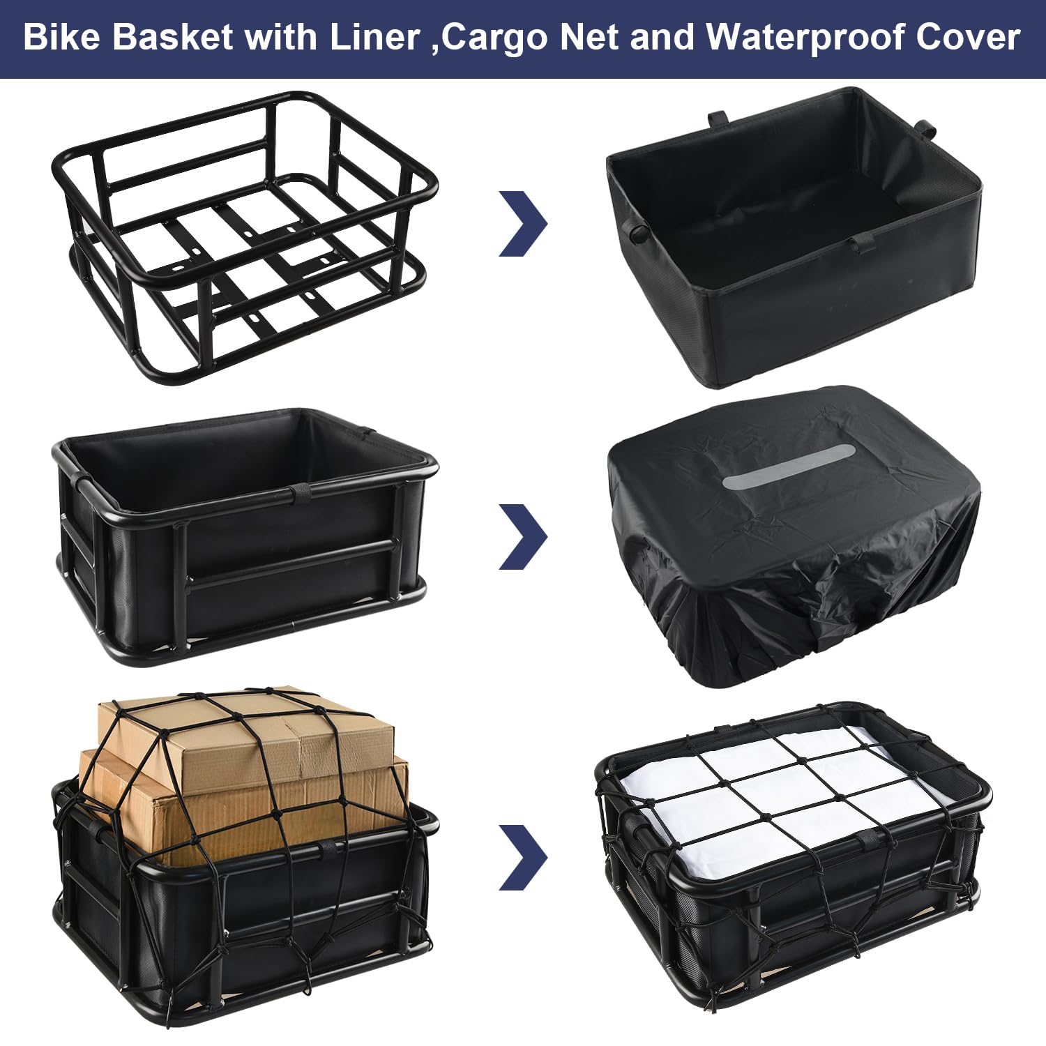 Heavy Duty Rear Bike Basket with Liners, Cargo Net & 2 Rain Covers - Large Metal Bicycle Rear Rack for Commuting, Groceries & Outdoor Adventures (Fits Bicycle, Ebike, Electric Bike)
