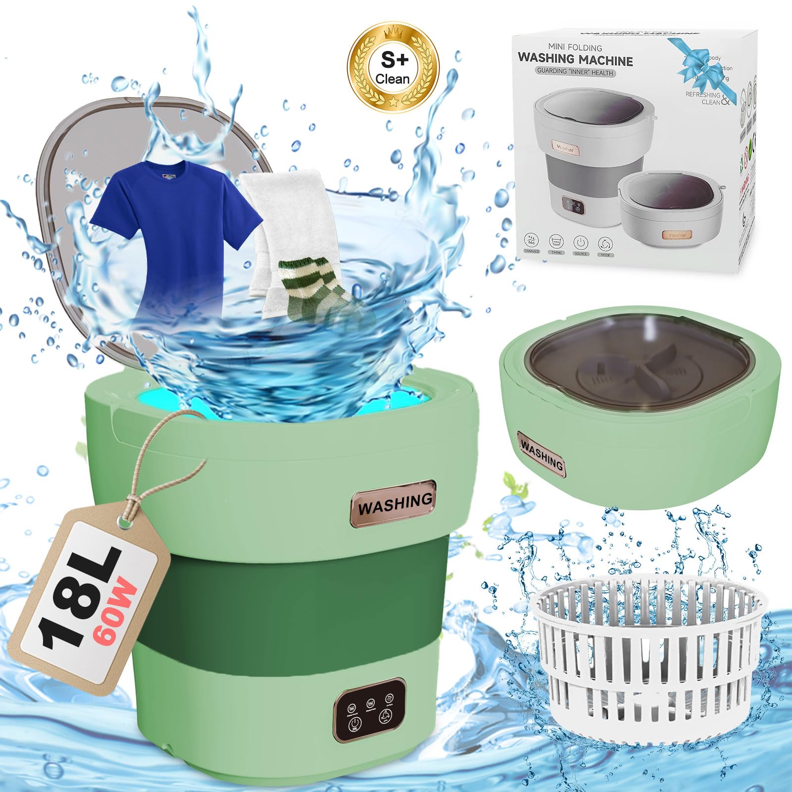 Mini Portable Washing Machine 18L 60W with Spin Dryer - Foldable Compact Washer for Travel, Camping, RV, Dorm & Small Apartments | Green Energy Saving Laundry Solution | Perfect for Outdoor Adventures, Tiny Homes & Off-Grid Living [2024 Clean S+]