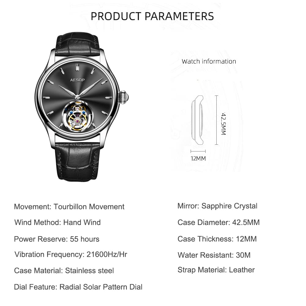 Luxury Men's Mechanical Hand-Wind Skeleton Watch - AESOP Tourbillon Stainless Steel Dress Watch with Sapphire Crystal, Waterproof Business Timepiece - Perfect Gift for Men, Ideal for Formal Events & Professional Occasions