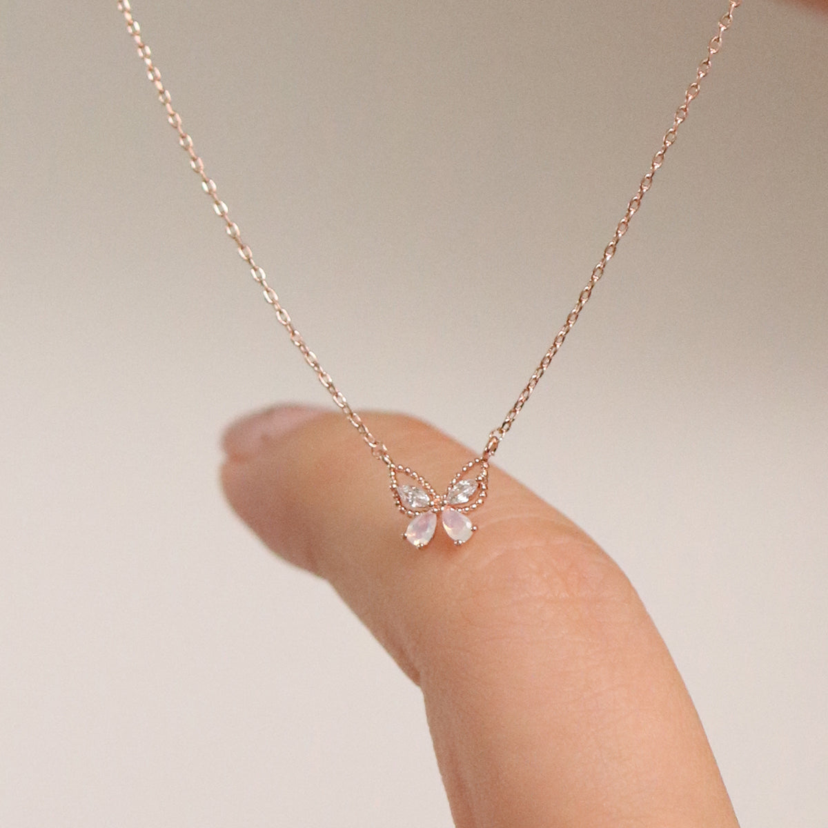 Moonstone Butterfly Jewelry Set in Rose Gold – Elegant Necklace & Earrings for Women, Perfect for Weddings & Special Occasions