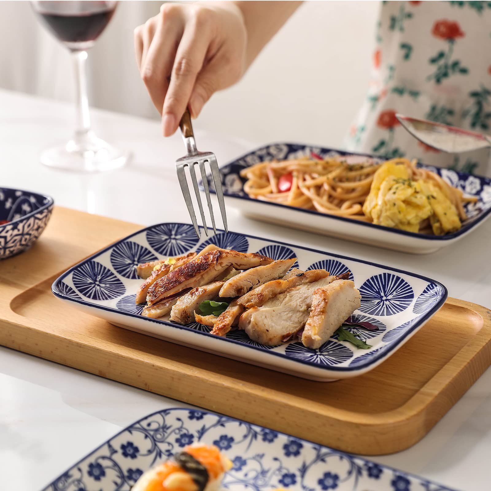 Selamica 8-Inch Rectangular Ceramic Plates - Set of 6 Vintage Blue Salad, Dinner, Pasta & Dessert Plates | Microwave, Oven & Dishwasher Safe | Perfect for Appetizers, Sushi, Fruits & Home Dining
