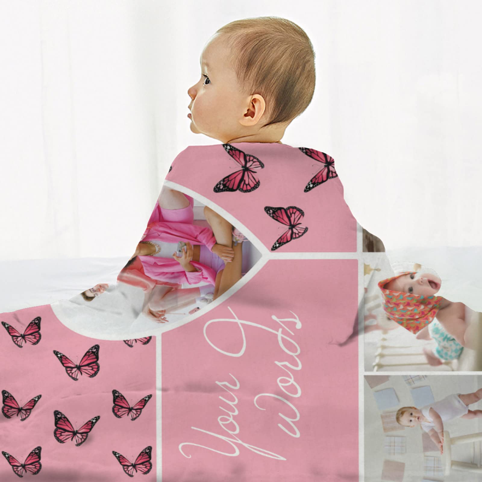 Custom Photo Collage Throw Blanket for Girls - Personalized Pink Butterfly Blanket with Your Words & Pictures - Soft Fleece Gift for Birthdays, Baby Showers & Cozy Home Decor