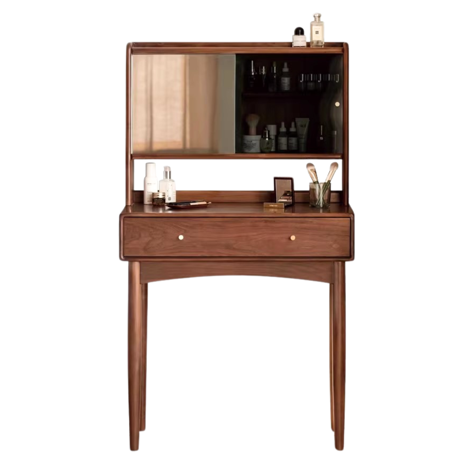 Solid Black Walnut Wood Mirror Dressing Table with Storage | Makeup Vanity Desk for Bedroom | Elegant Bedroom Furniture & Cosmetics Organizer