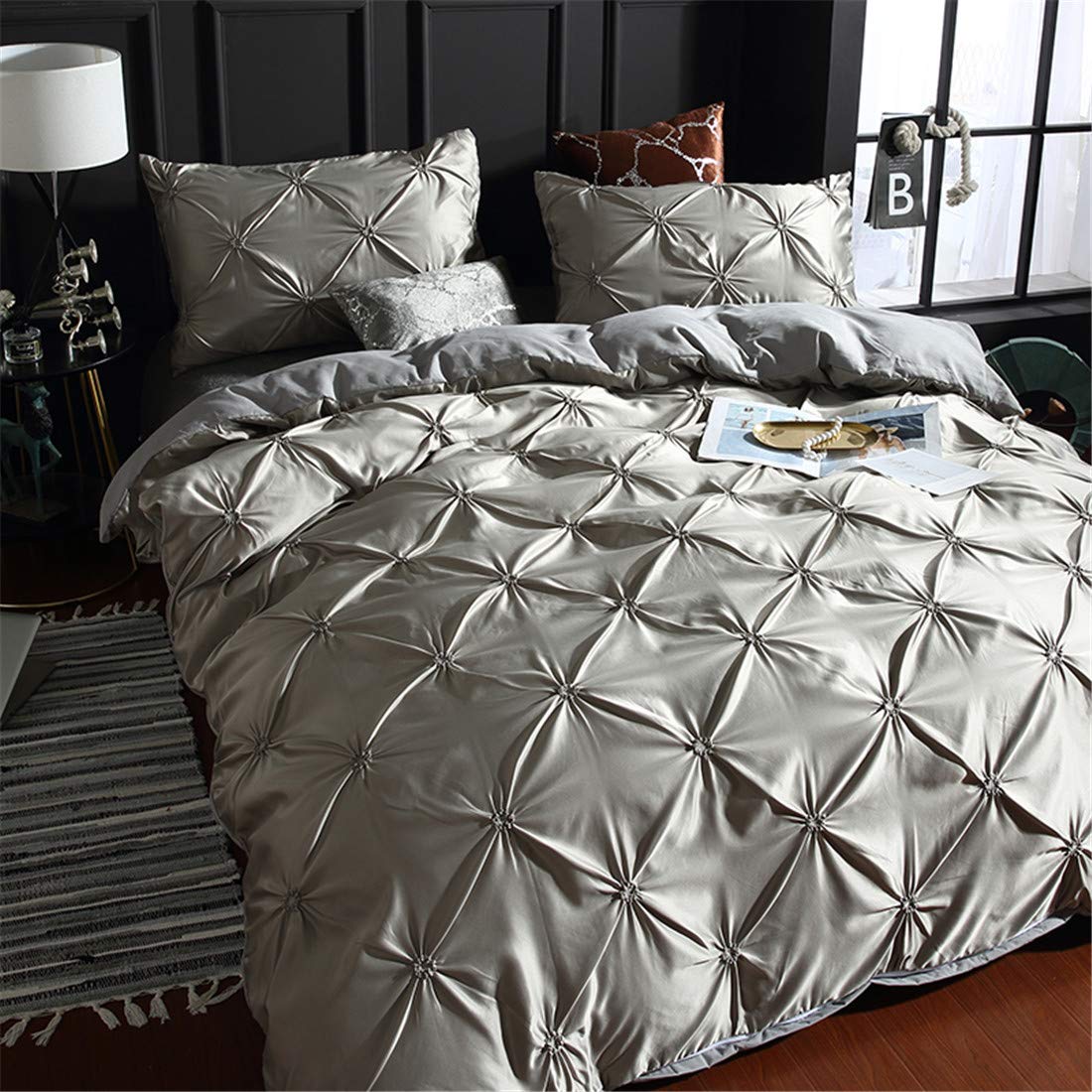 Erosebridal Grey Pinch Pleated Duvet Cover Set - King Size Silk-Like Satin Pintuck Bedding with Zipper & Ruffle Design, Luxury Microfiber Comforter Cover for Master Bedroom, Guest Room & Hotel Decor