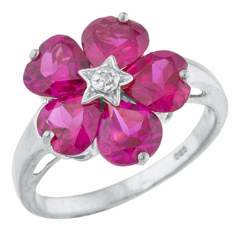 BeBold 5ct Heart Cut Pink Created Ruby Floral Engagement Ring for Women - 14K White Gold Plated Wedding Proposal Jewelry Gift for Anniversary & Valentine's Day
