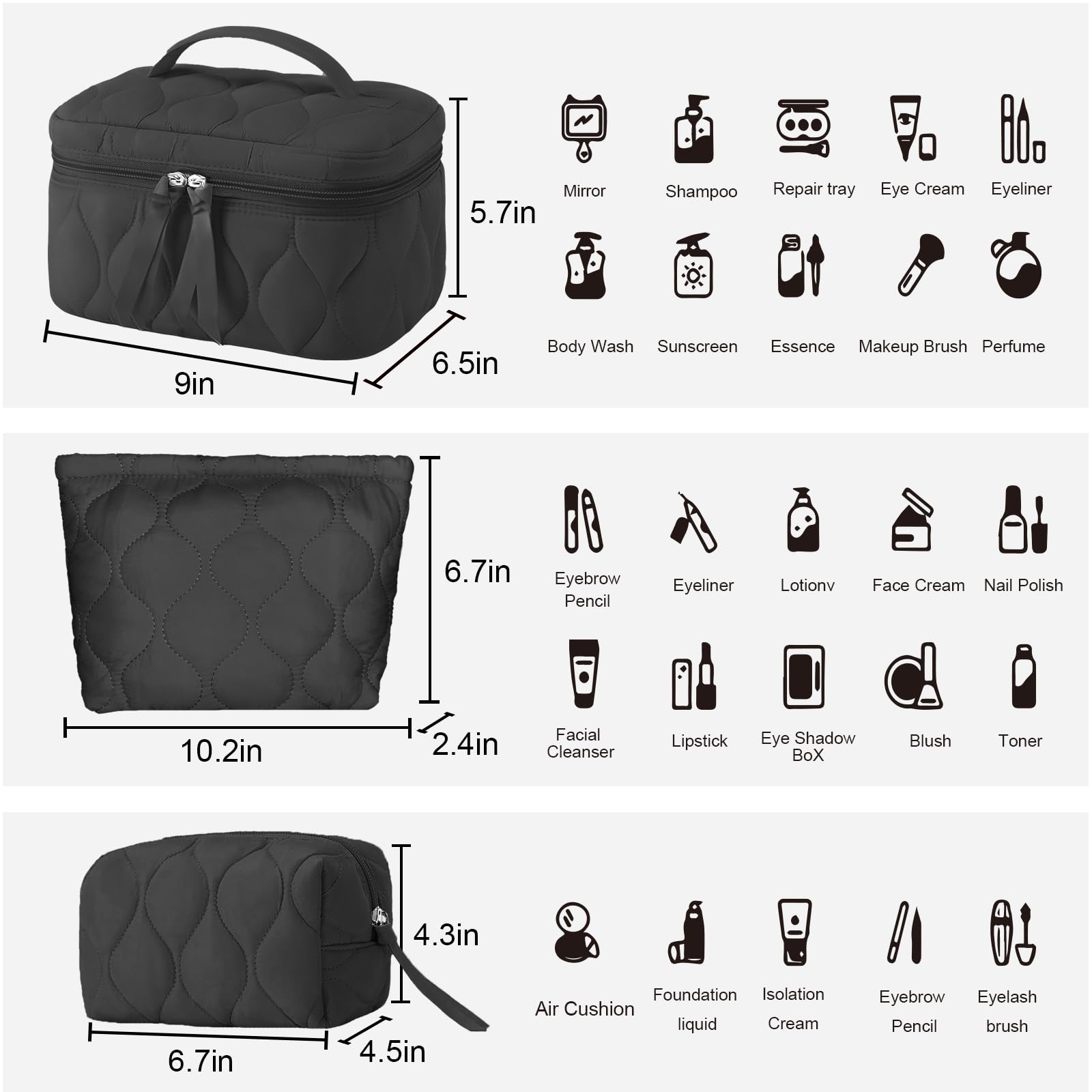 3 PCS Quilted Makeup Bag Set - Small Medium Large Cosmetic & Toiletry Travel Organizer for Women Girls | Cute Puffy Portable Coquette Style | Perfect for Travel, Gym, Daily Use & Gift Giving | Black