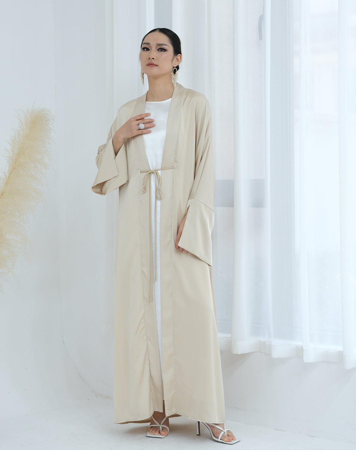 Lavinia Satin Open Abaya Beige - Elegant Muslim Prayer Dress for Women, Perfect for Mosque, Eid & Special Occasions
