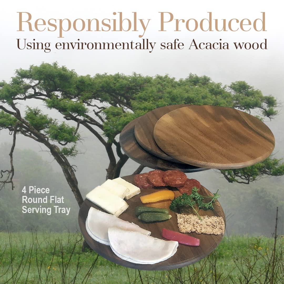 Woodard & Charles Acacia Wood Serving Plates Set of 4 - 9 Inch Round Charcuterie Boards for Sushi, Dessert, Bread & Cheese | Perfect for Dinner Parties, Picnics & Entertaining