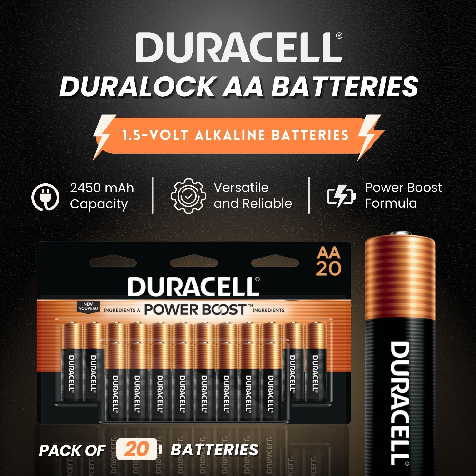 Duracell Duralock AA 1.5V Alkaline Batteries - 100 Count (5 Packs of 20) - Long Lasting Power for Remotes, Game Controllers, Wireless Keyboards & More - Ideal for Home, Office & Electronic Devices