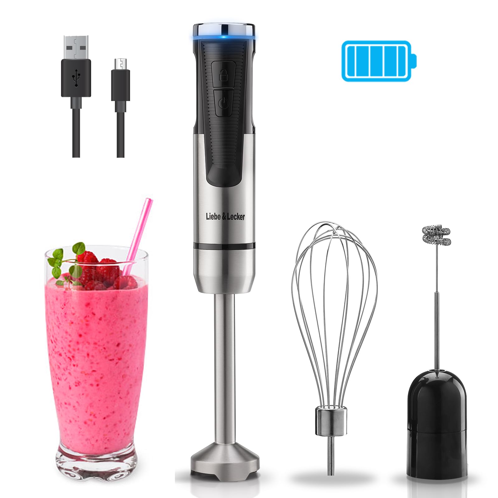 Liebe&Lecker Cordless Hand Blender - USB Rechargeable Immersion Blender with 8 Speed Settings, Whisk & Milk Frother Attachments | Perfect for Smoothies, Soups, Milkshakes & Baby Food | Portable Stick Blender for Kitchen, Camping & Travel
