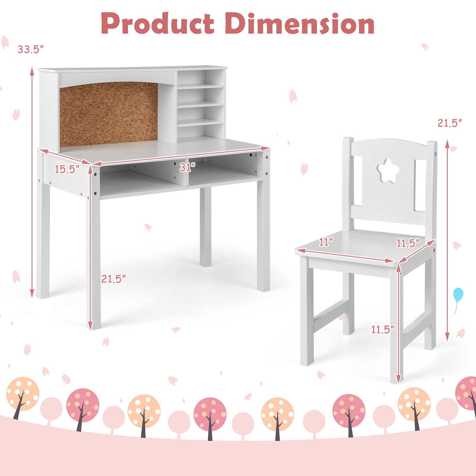 Costzon Kids Desk and Chair Set - Adjustable Wooden Study Desk with Storage Hutch, Cork Bulletin Board & Bookshelf | Ergonomic Student Writing & Computer Workstation for Study Room, Bedroom, Homeschooling & Online Learning (White)
