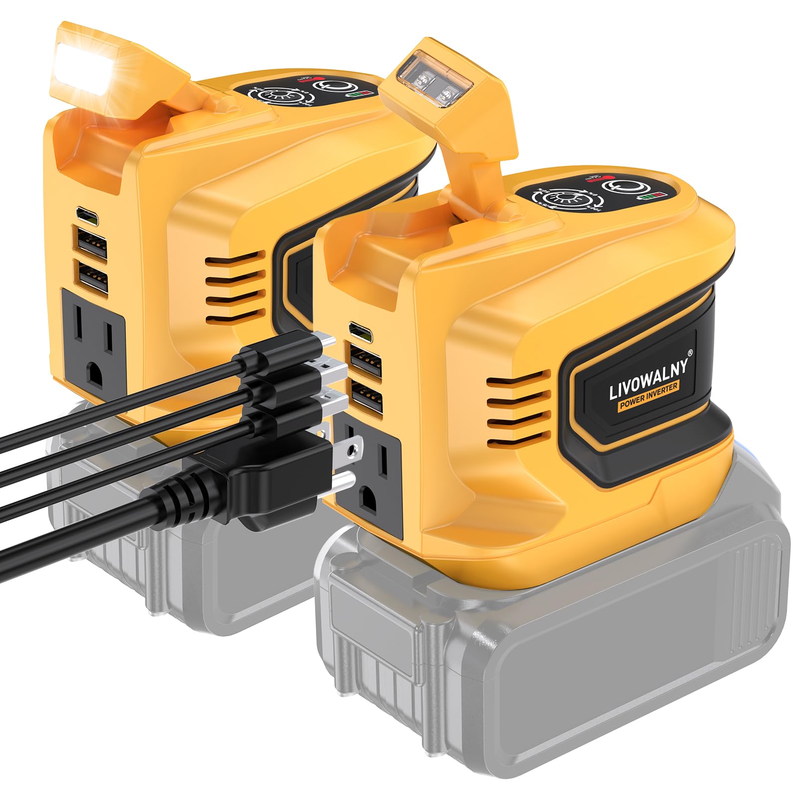 2-Pack 200W Power Inverter for Dewalt 20V Battery - 20V to 110V/120V AC Outlet with 2 USB Ports & 1 Type-C - Portable Power Adapter for Camping, RV, Emergencies & Outdoor Activities (Battery Not Included)