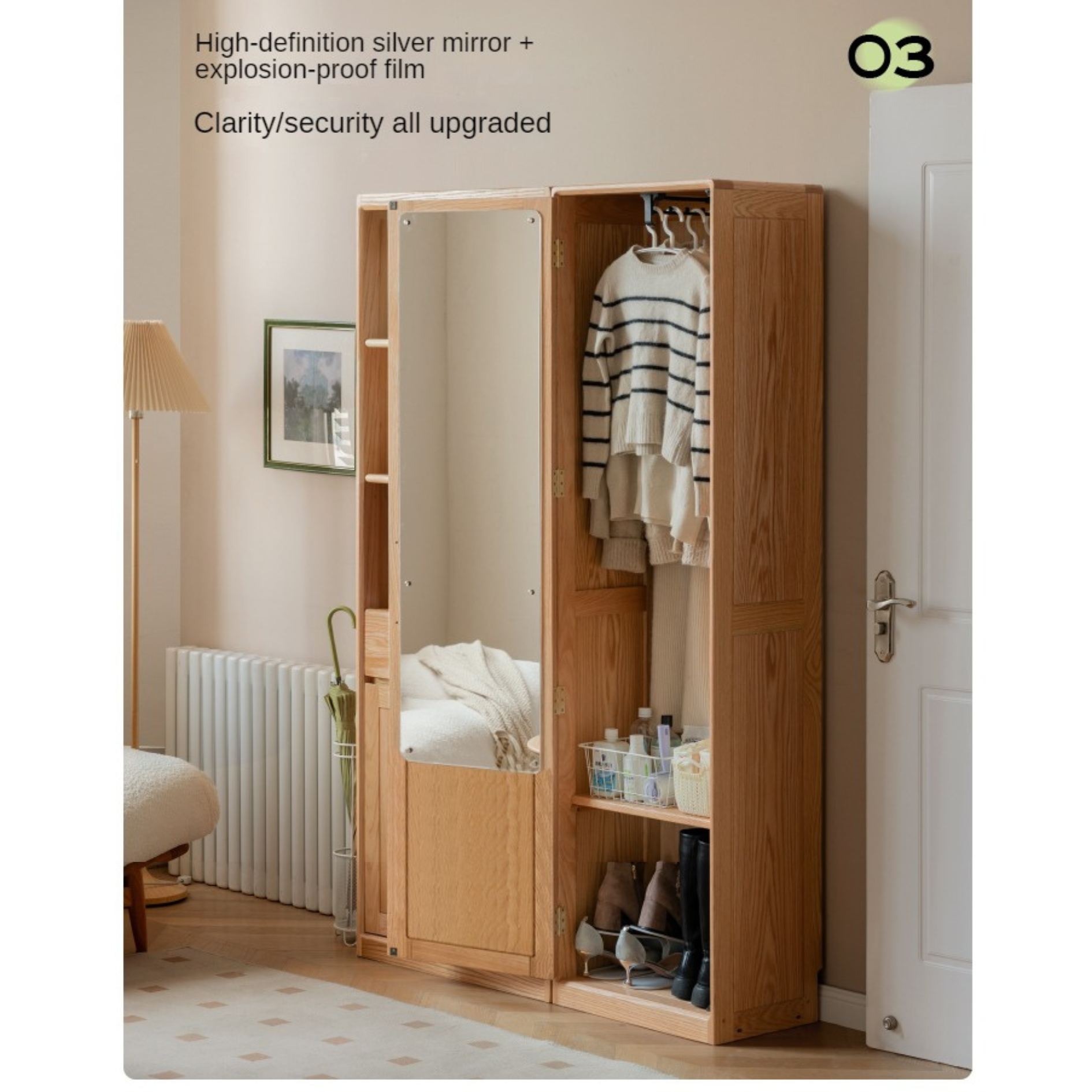Solid Oak Wood Mirror Entryway Cabinet - Stylish & Durable Hallway Storage with Mirror for Home Decor