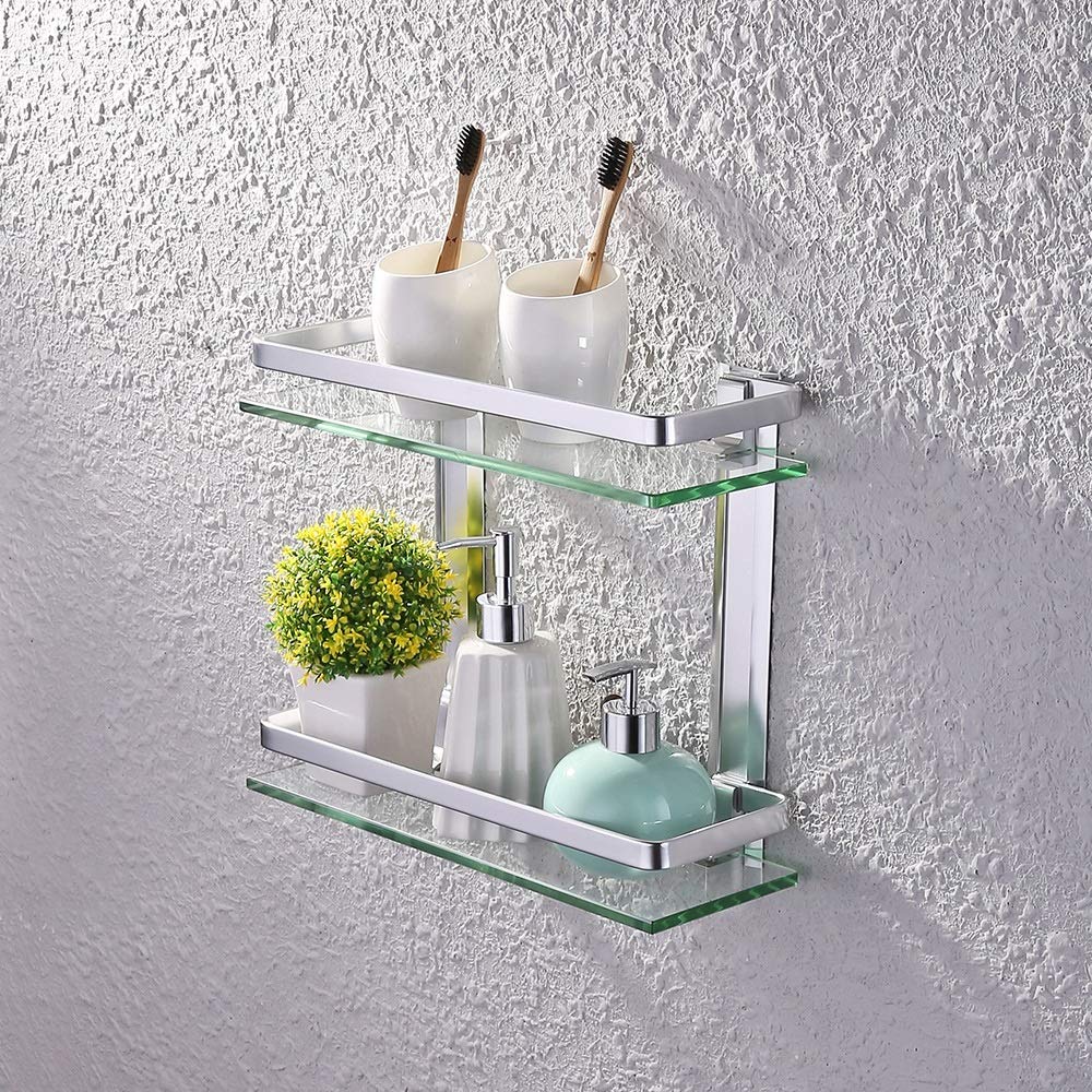 Wall Mounted Bathroom Glass Shelf - 2-Tier Silver Rectangular Storage Shelf for Bathroom, Kitchen & Living Room - Perfect for Organizing Toiletries, Spices & Decor Items