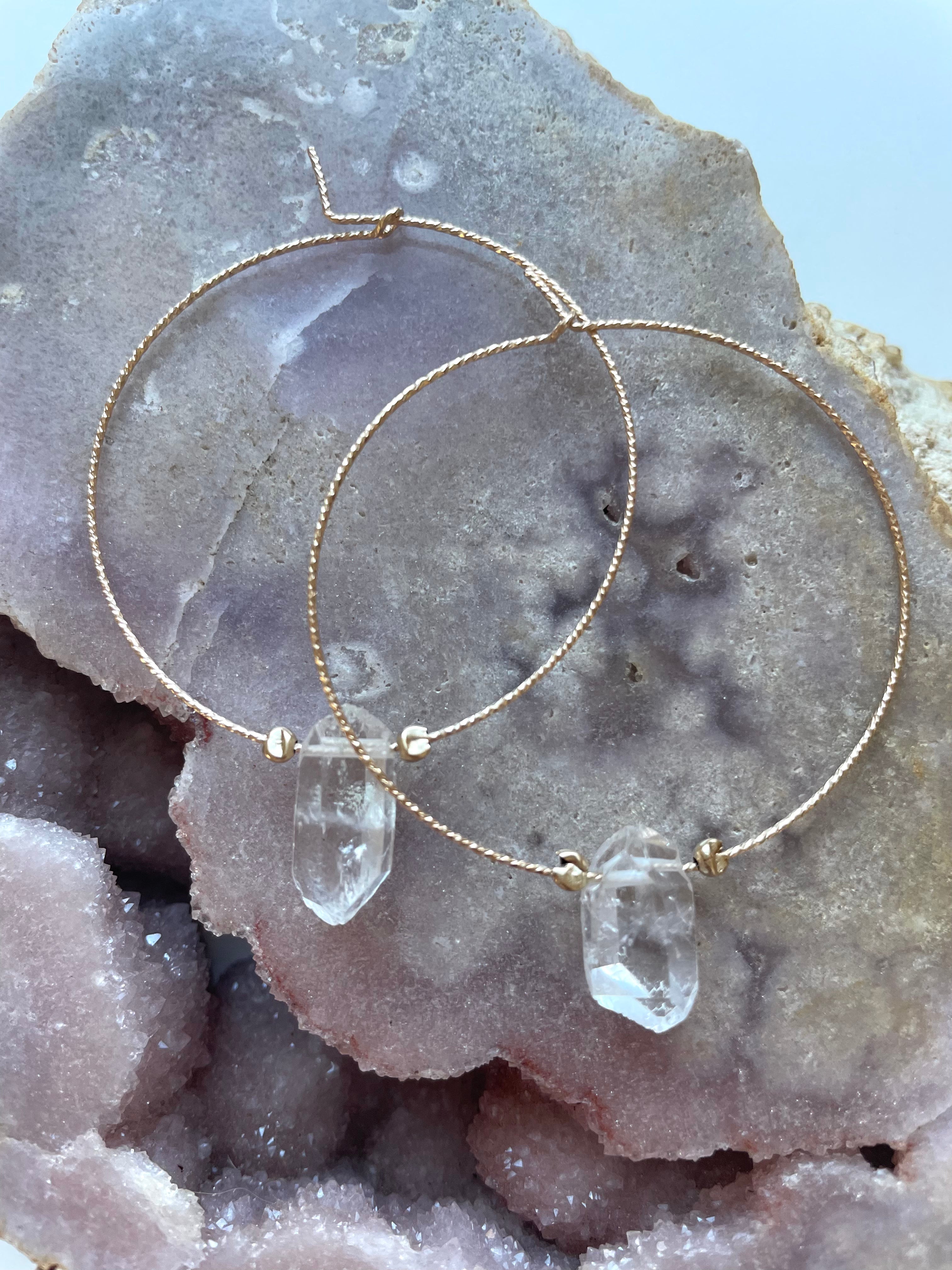 Thin Single Clear Quartz Boho Hoop Earrings for Women - Minimalist Crystal Dangle Earrings for Everyday Wear, Boho Chic Jewelry for Casual Outfits & Special Occasions