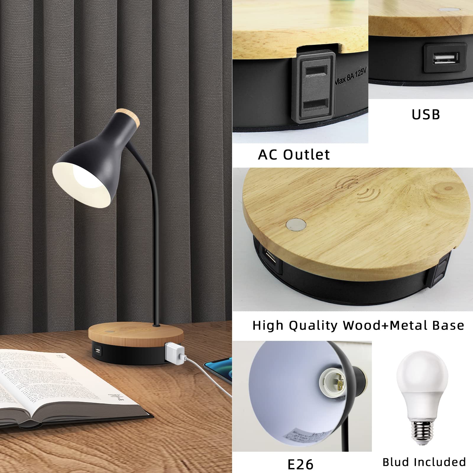 Wireless Charging Metal Desk Lamp - 3-Way Dimmable Touch Control LED Reading Light with USB Ports for Bedroom, Study Room & Office | Perfect for Night Reading, Working & Phone Charging (Black)