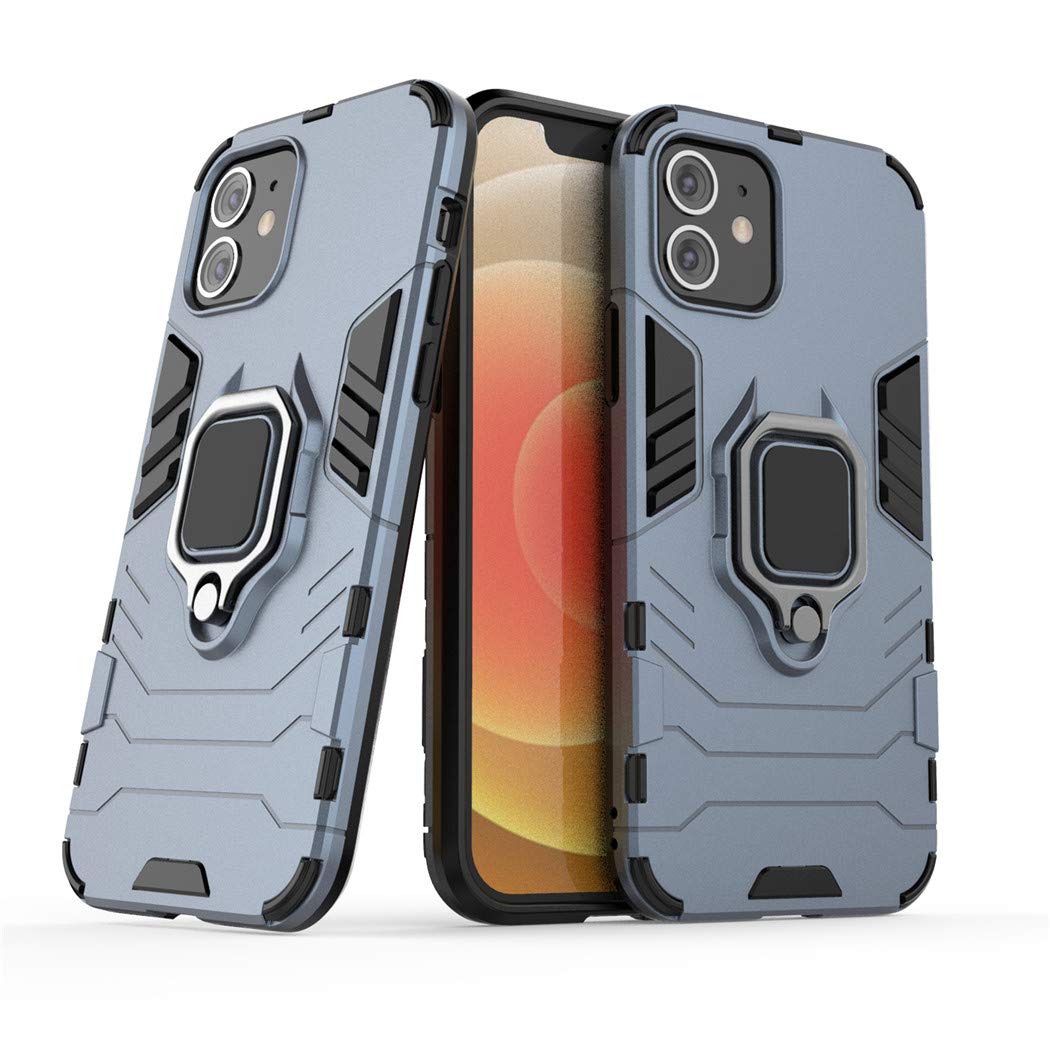Shockproof Rugged iPhone 12 Case with Metal Ring Grip & Kickstand - Compatible with iPhone 12/12 Pro - Dual Layer Hard Bumper Protective Cover (Navy Blue) - Works with Magnetic Car Mount - Perfect for Outdoor Activities, Travel & Daily Protection