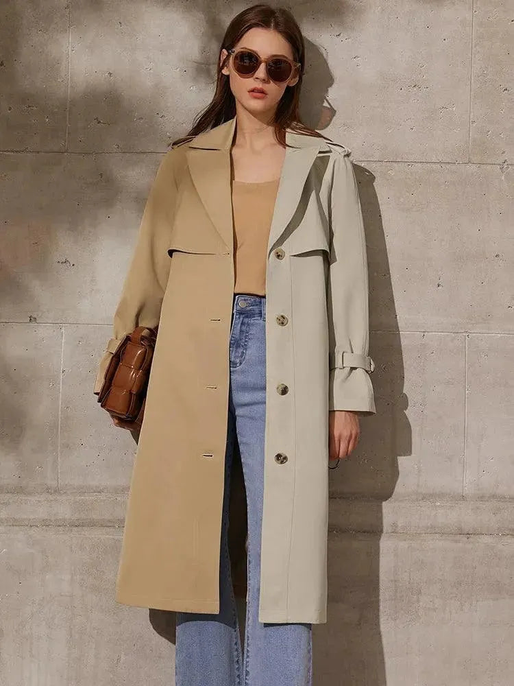 Women's Stylish Lapel Patchwork Trench Coat - Fashionable Long Jacket for Fall & Winter | Perfect for Office, Dating & Outdoor Activities