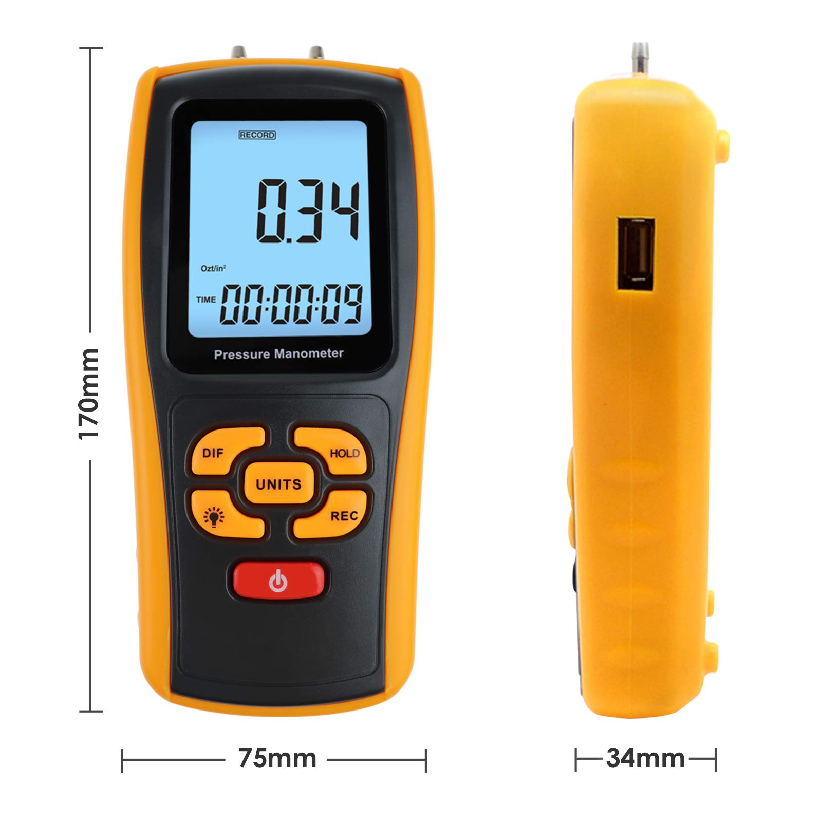 Digital Air Pressure Gauge - Dual Port HVAC Manometer with Differential Pressure Measurement, Handheld Portable Gas Pressure Tester Tool for HVAC, Plumbing, Automotive & Industrial Applications