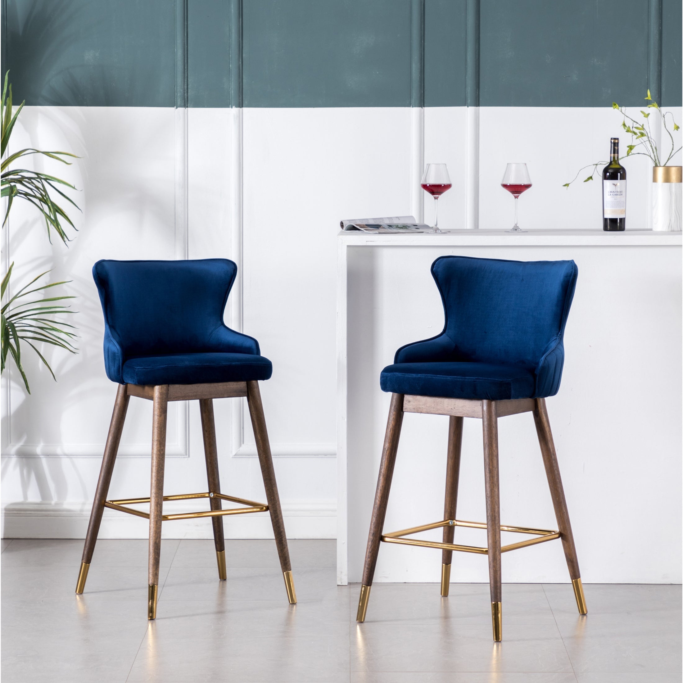 Roundhill Furniture Leland Fabric Upholstered Wingback Bar Stools - Set of 2, Navy Blue, Comfortable Counter Height Stools for Kitchen Island, Breakfast Nook & Home Bar Decor