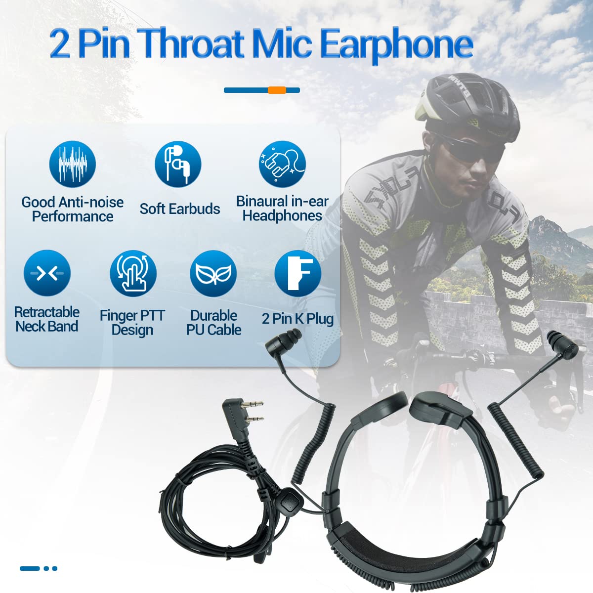 BAOFENG Adjustable Throat Mic Headset with PTT Button & Dual Earpieces - Compatible with UV-5R, BF-F8HP, UV-82, AR-152, Retevis RT22/RT68/RB26, BF-888S, H-777 Walkie Talkies - Perfect for Security, Construction & Outdoor Adventures