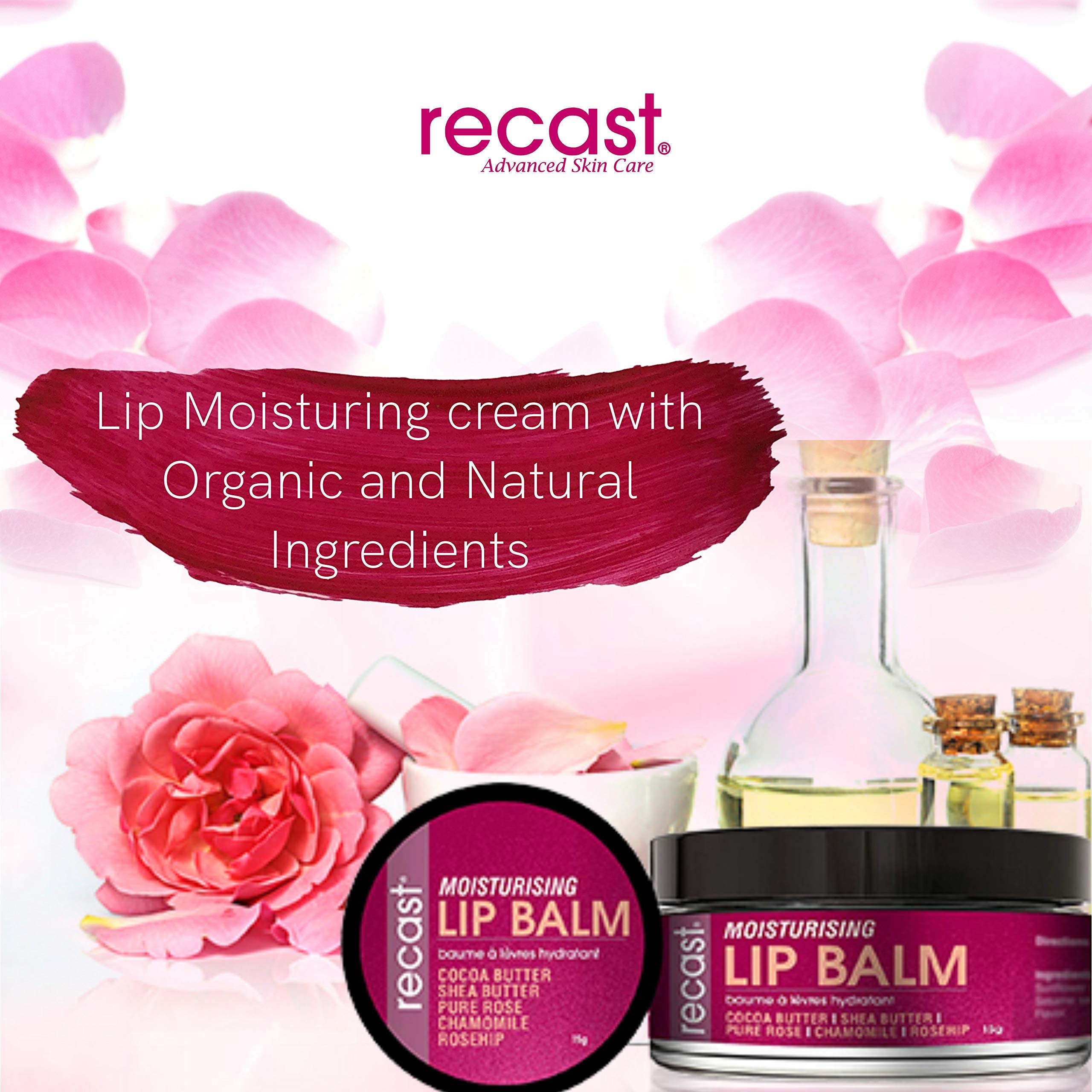Recast Moisturizing Lip Balm - Lightening, Restoring & Hydrating with Pure Rose, Cocoa Butter, Shea Butter & Rosehip Seed Oil (15g) - Perfect for Dry Lips, Night Care & Daily Lip Protection