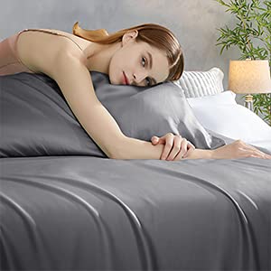 **King Size Bed Sheet Set - 5 Piece Cooling Bamboo Sheets, Organic & Breathable Luxury Hotel Sheets with 16-Inch Deep Pockets (Grey) - Perfect for Hot Sleepers & Upscale Bedrooms**