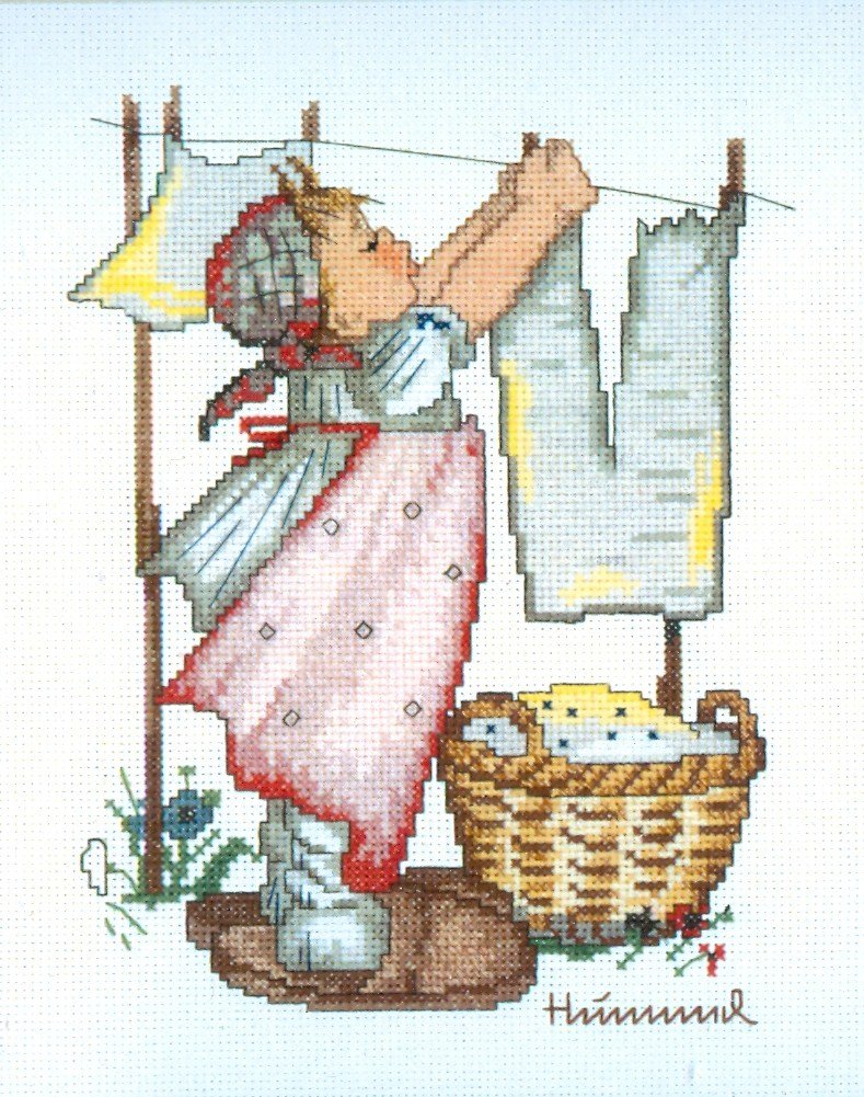 Hummel Cross Stitch Kit for Beginners - Complete Wash Day Embroidery Set with Pattern, Thread & Needle - Perfect for DIY Home Decor & Gift Giving