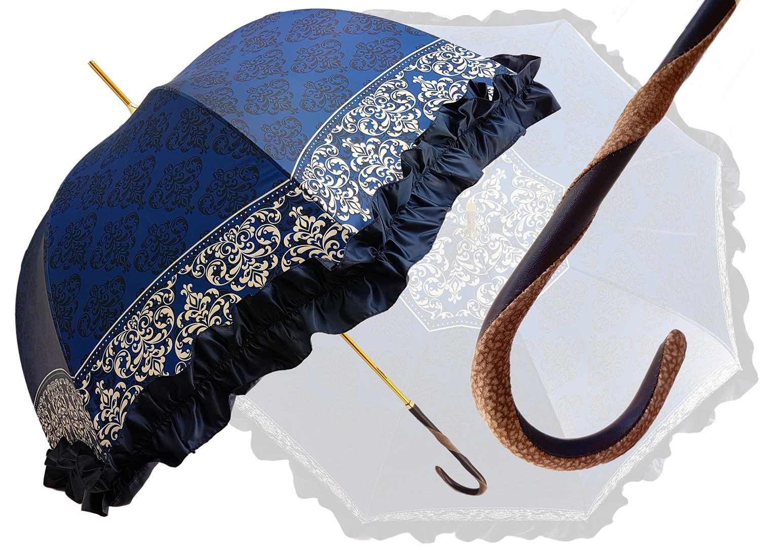 Stylish Women's Umbrella with Black & White Pattern on Blue Canopy - Perfect for Rainy Days, Commuting, and Outdoor Events