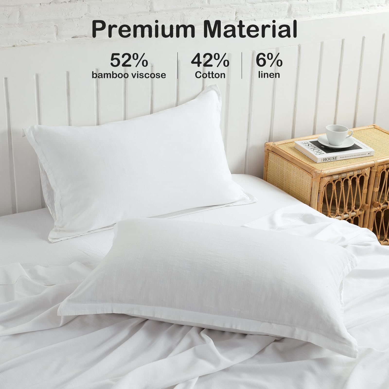 PANDATEX White Linen-Textured Twin Size Sheet Set - Soft, Cool & Breathable Organic Cotton Bedding for Hot Sleepers, 15