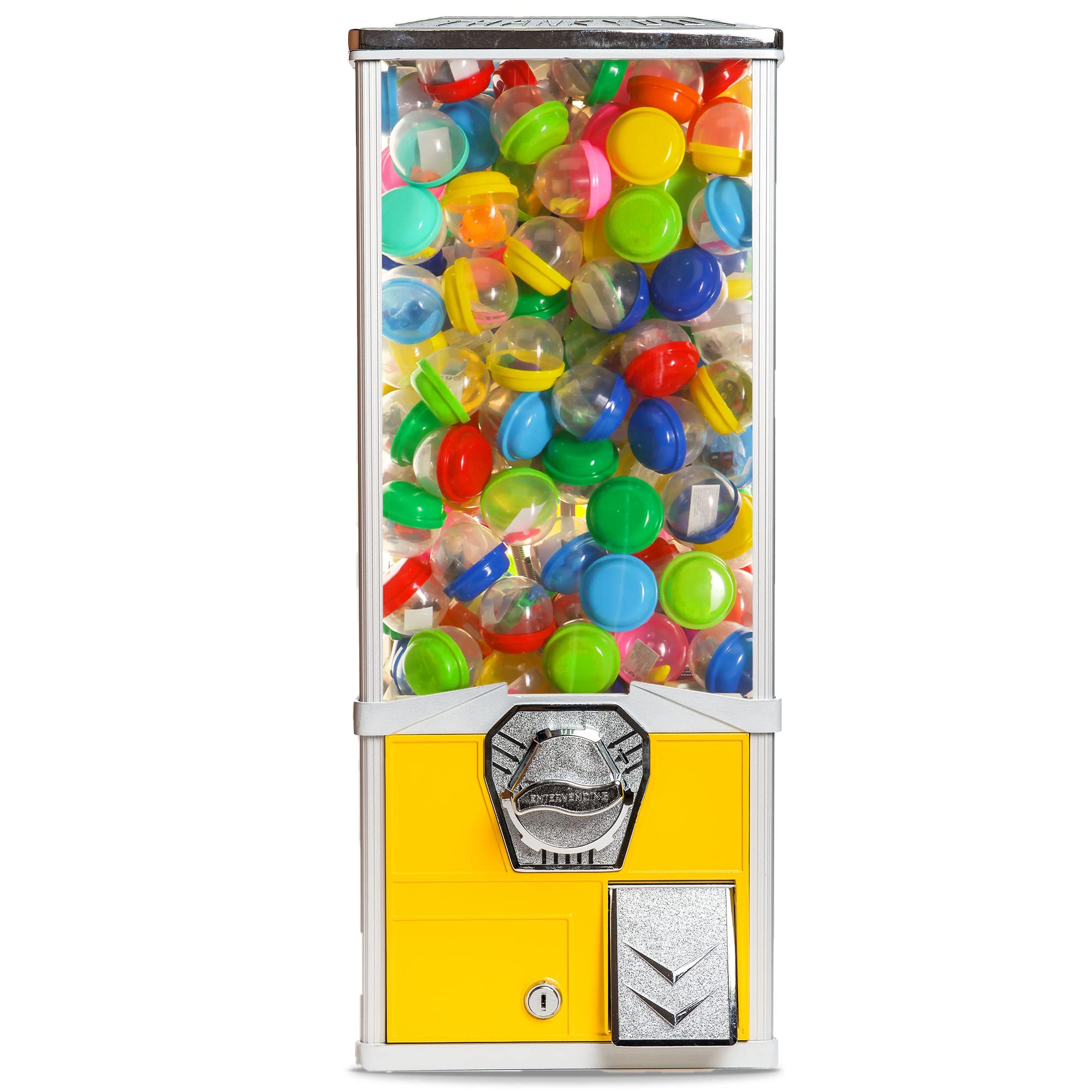 Commercial Vending Machine for 2 Inch Round Capsules - Prize Dispenser for Gumballs, Bouncy Balls & Small Toys - Yellow Big Capsule Vending Machine for Arcades, Malls & Retail Stores