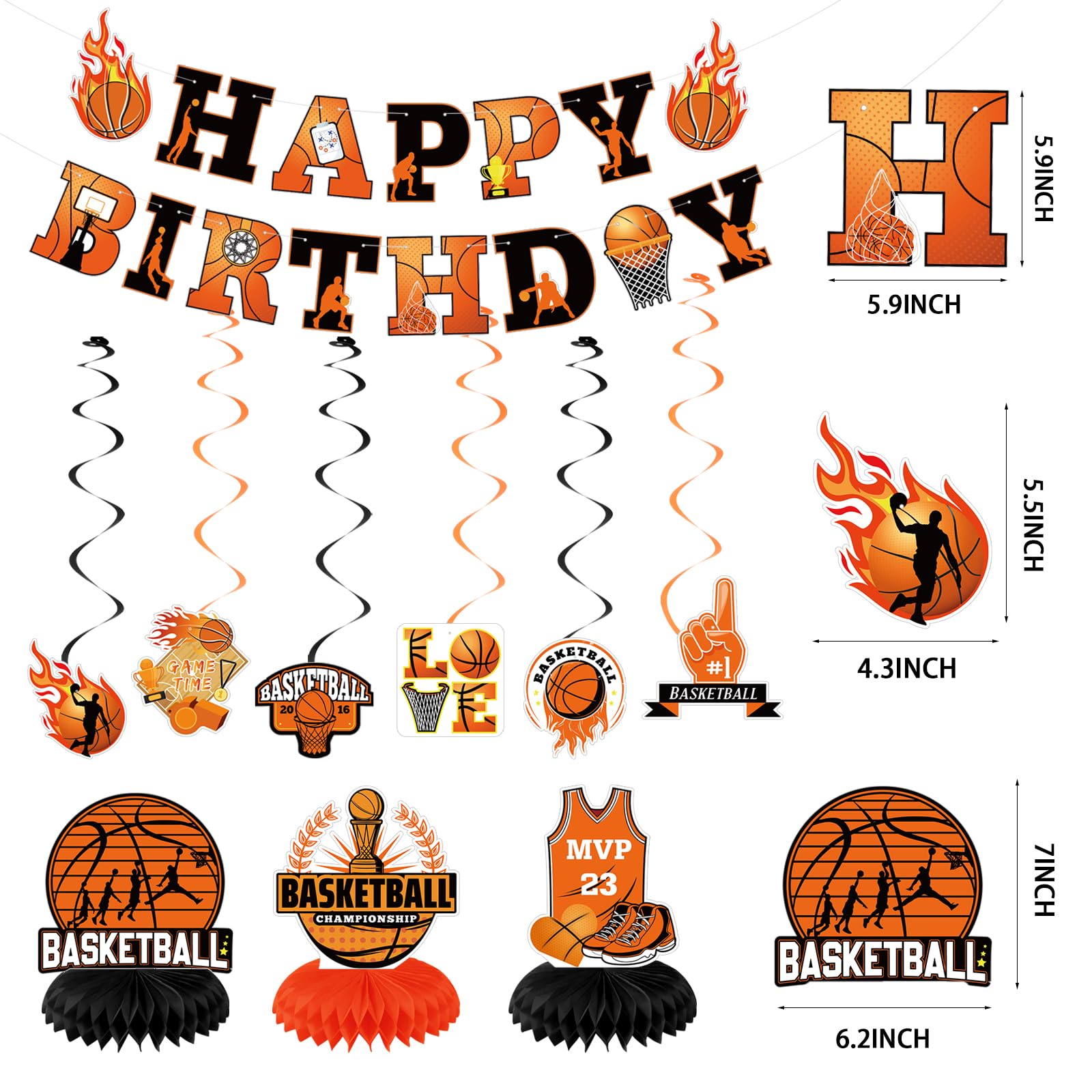 Basketball Party Decorations Set - Happy Birthday Banner, Hanging Swirls & Honeycomb Centerpiece for Boys Kids Sports Theme Party | Perfect for Birthday Celebrations, Basketball Themed Events and Kids Room Decor