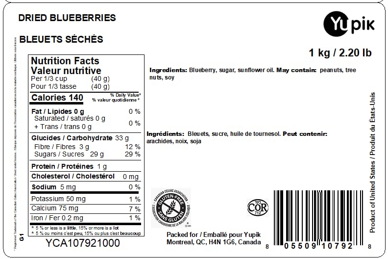 Organic Dried Blueberries 1kg - Gluten Free, Kosher, No Sulphites - Whole Berries Rich in Fiber & Vitamins - Healthy Snack for Kids & Adults - Perfect for Baking, Smoothie Bowls, Yogurt Topping & Trail Mix