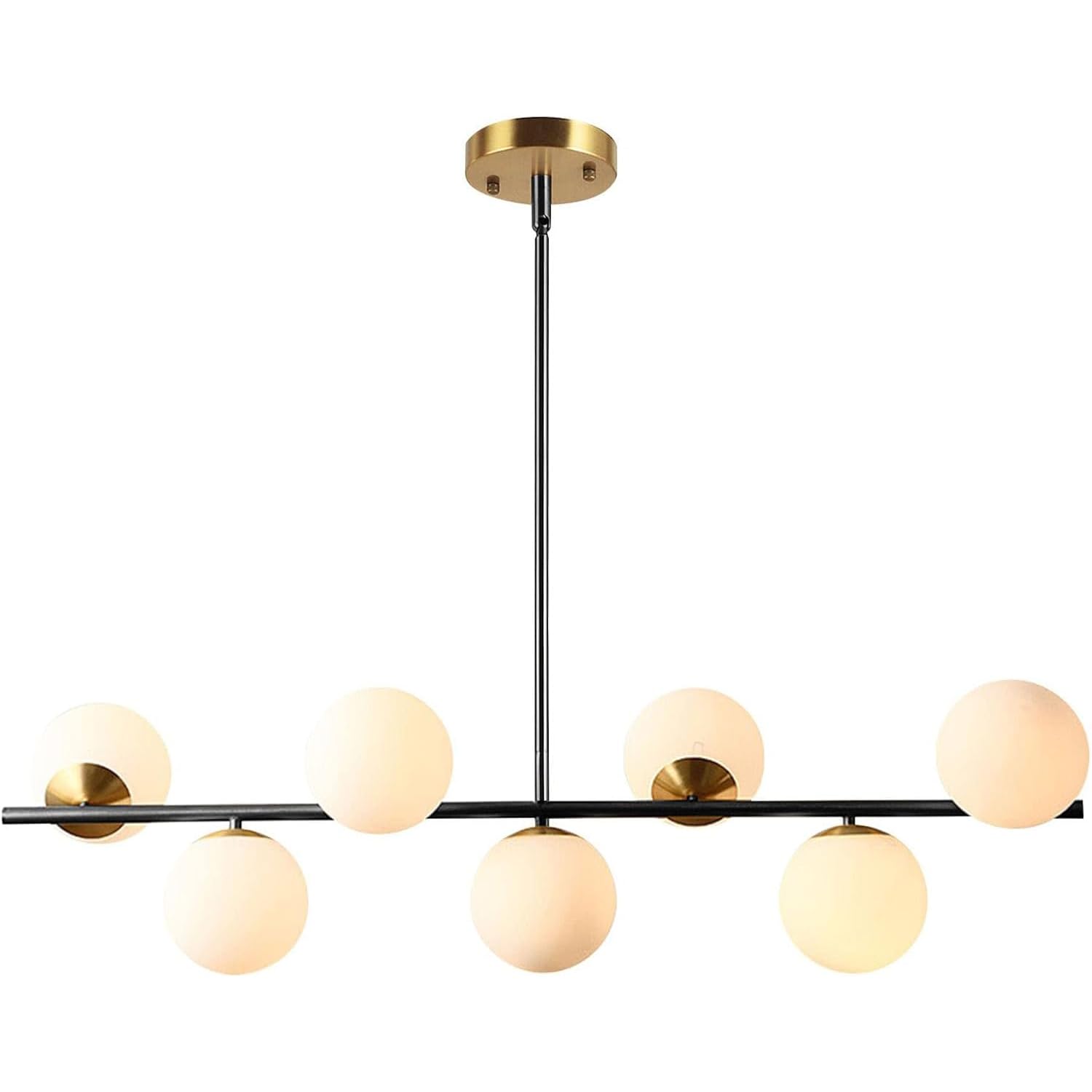 KCO Lighting Black and Brass Linear Pendant Light - Mid Century Modern Sputnik Chandelier with 7 Milk Glass Globes - Kitchen Island Lighting for Dining Room, Living Room & Bedroom - Perfect for Modern Home Decor and Restaurant Ambiance