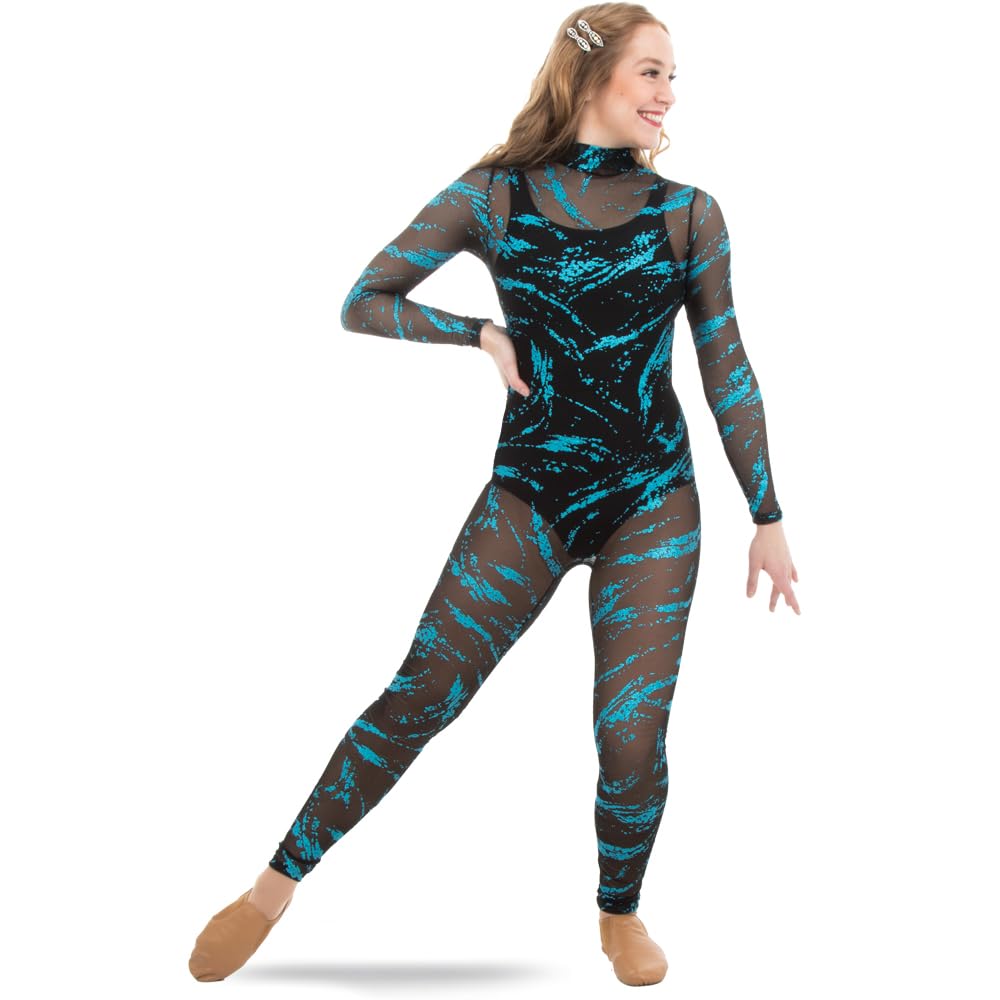 Say So Turquoise Glitter Mesh Unitard - Sparkling Dance Costume for Performances, Parties & Halloween | Women's One-Piece Bodysuit