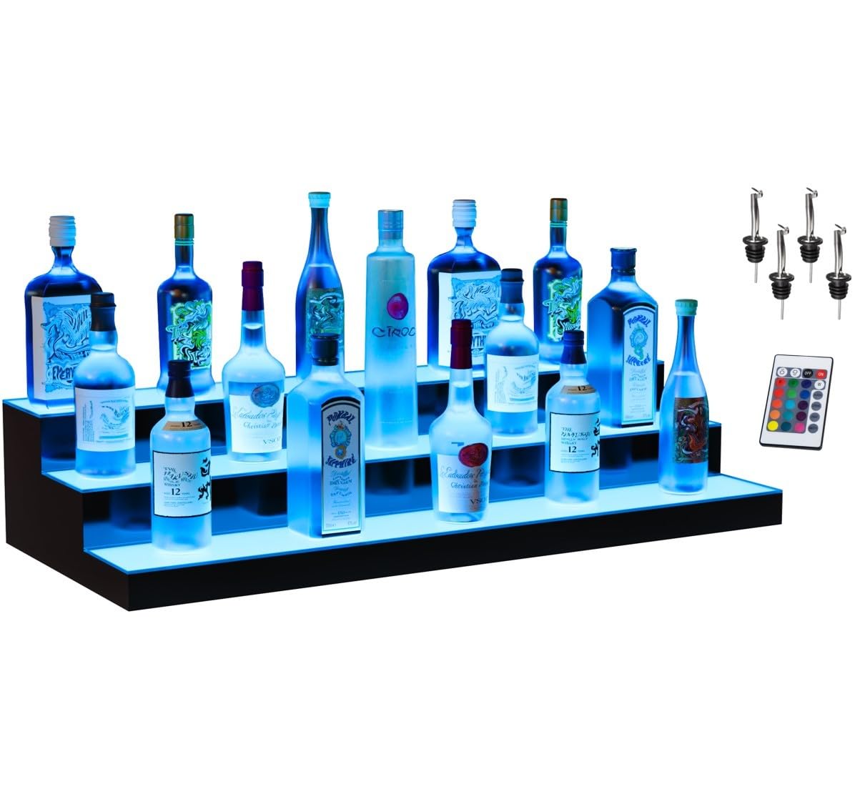 Premium LED Lighted Bar Shelf Display for Liquor Bottles - Whiskey Rack Stand with 3-Step Tray Units - 28 Inch Home Bar Decor for Living Room & Entertainment Spaces - Designed in USA