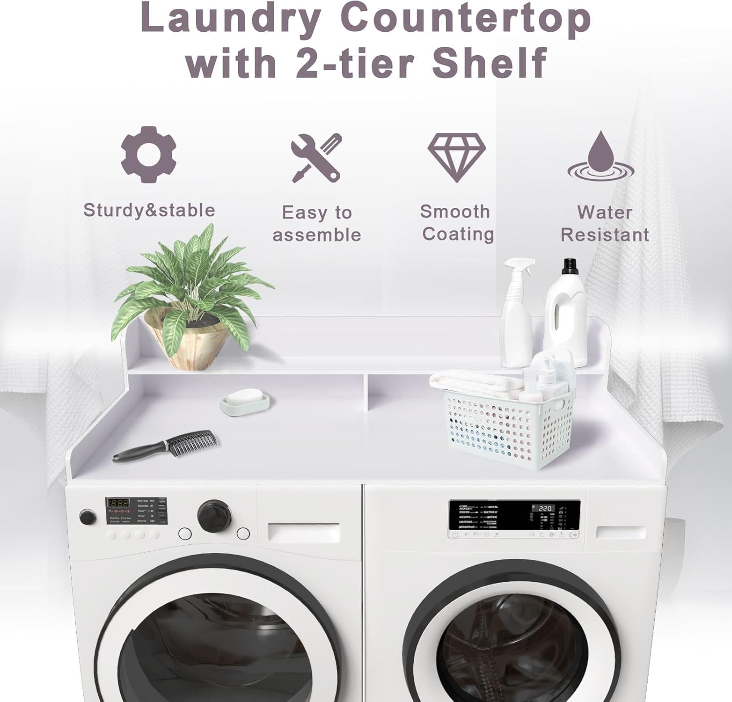 Compact White 2-Tier Laundry Countertop with Storage - Space-Saving Washer & Dryer Stand for Small Apartments, Kitchens & Laundry Rooms - Perfect for Organizing Detergents & Cleaning Supplies